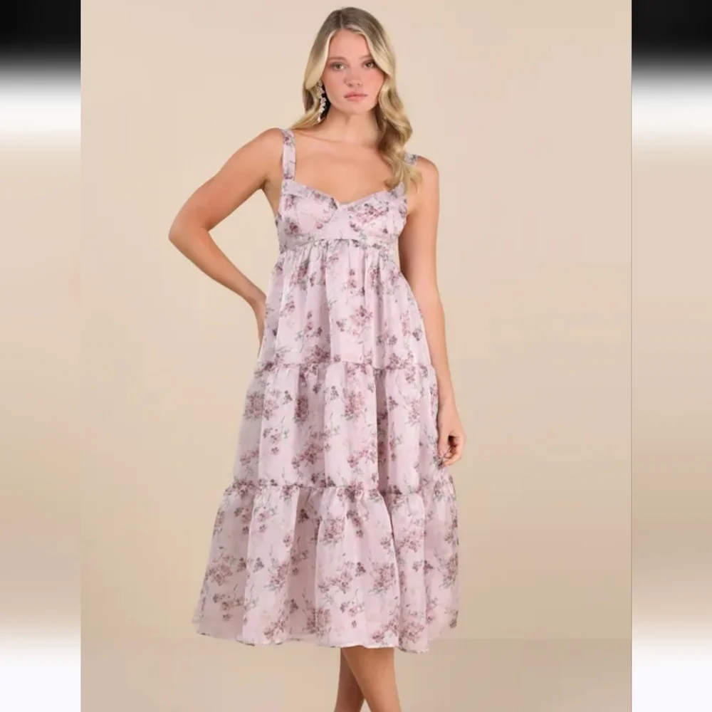 Lulus Marvelously Darling Mauve Floral Tiered Backless Midi Dress Cottagecore S